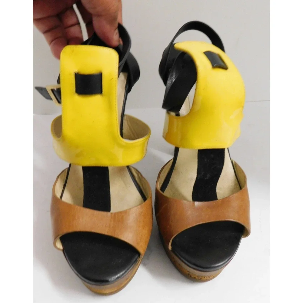 JIMMY CHOO Samos Yellow Patent Brown Leather Wood Platform Sandals sz 37